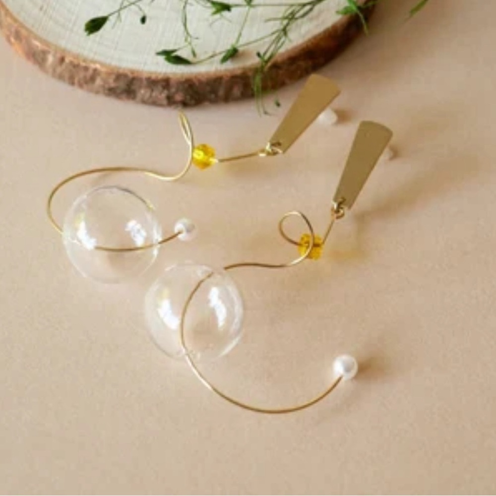 2/$30🌵 Glass Bubble Dangle Clear Earrings Gold Twist Bohemian Boho Jewelry NEW